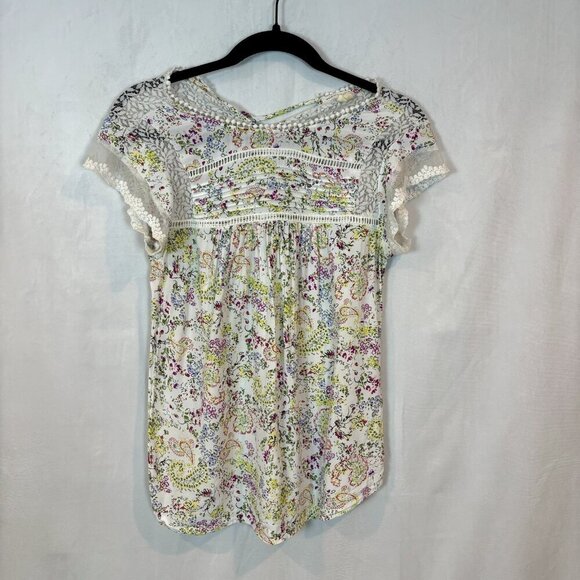 Meadow‎ Rue Anthropologie Women's Flutter Sleeve Paisley Lace Trim Blouse Sz XS - Picture 1 of 12